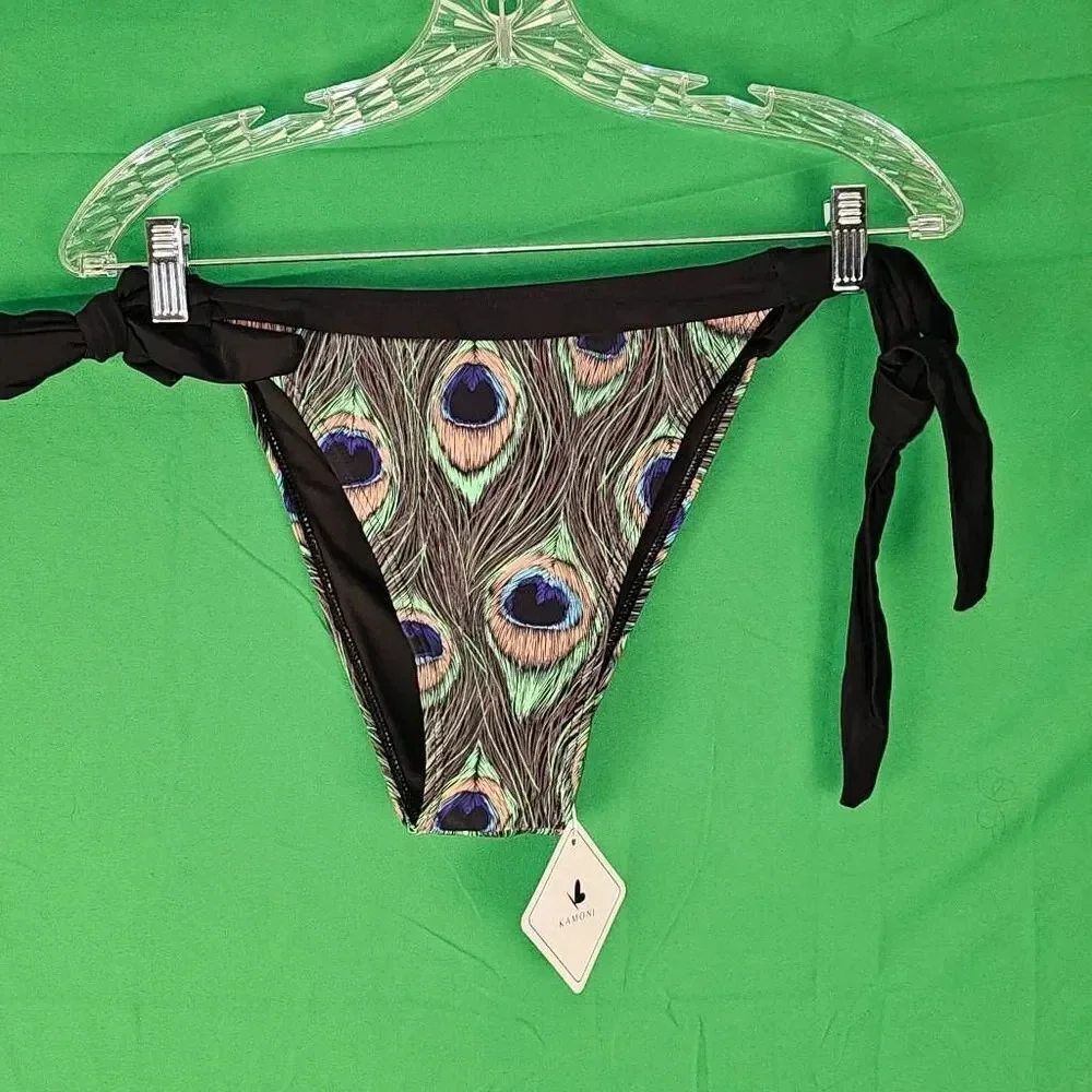 NWT Kamoni Womens Peacock Feather Print V Neck‎ Cheeky Bikini Medium Large